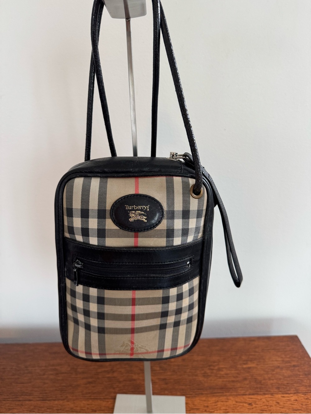 Burberrys Vintage Nova Check Messenger Bag with Black Leather Trim